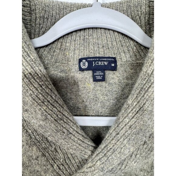 Vtg J Crew 100% Lambswool Sweater Mens Medium Tan Taupe Marled Knit Shawl Collar - Picture 2 of 7